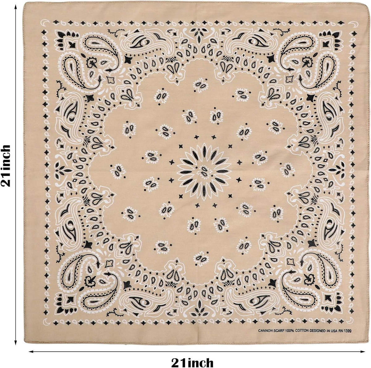 Khaki Paisley Cotton Bandana 21" From Jeatonge