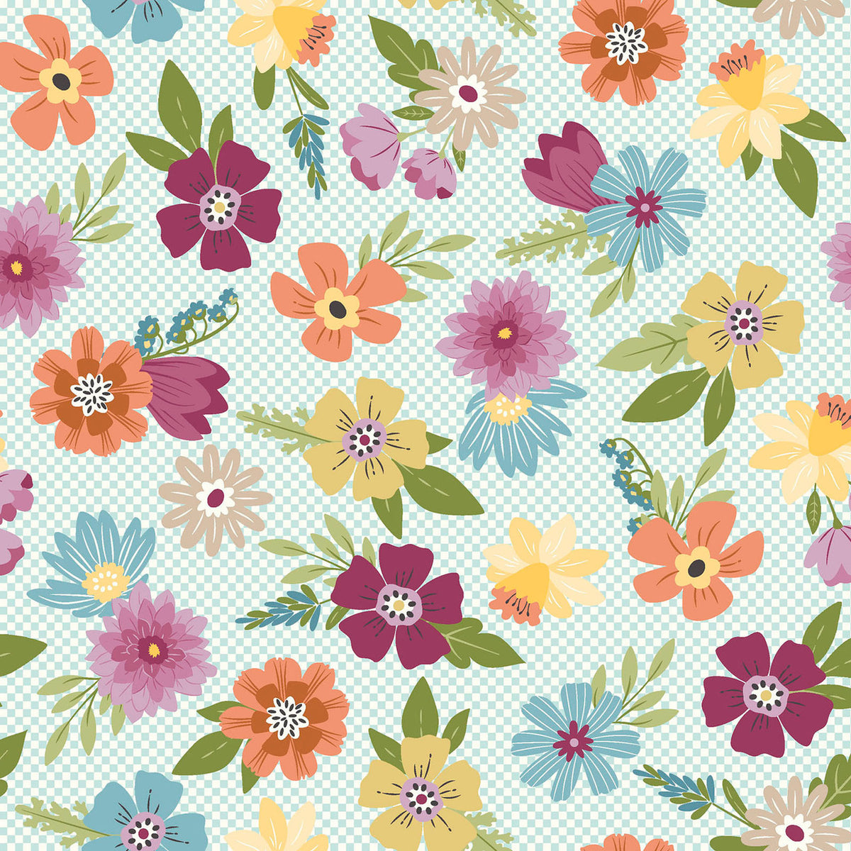 Kimberbell Cottontail Farm Floral With Mini Check Aqua Fabric From Maywood Studio