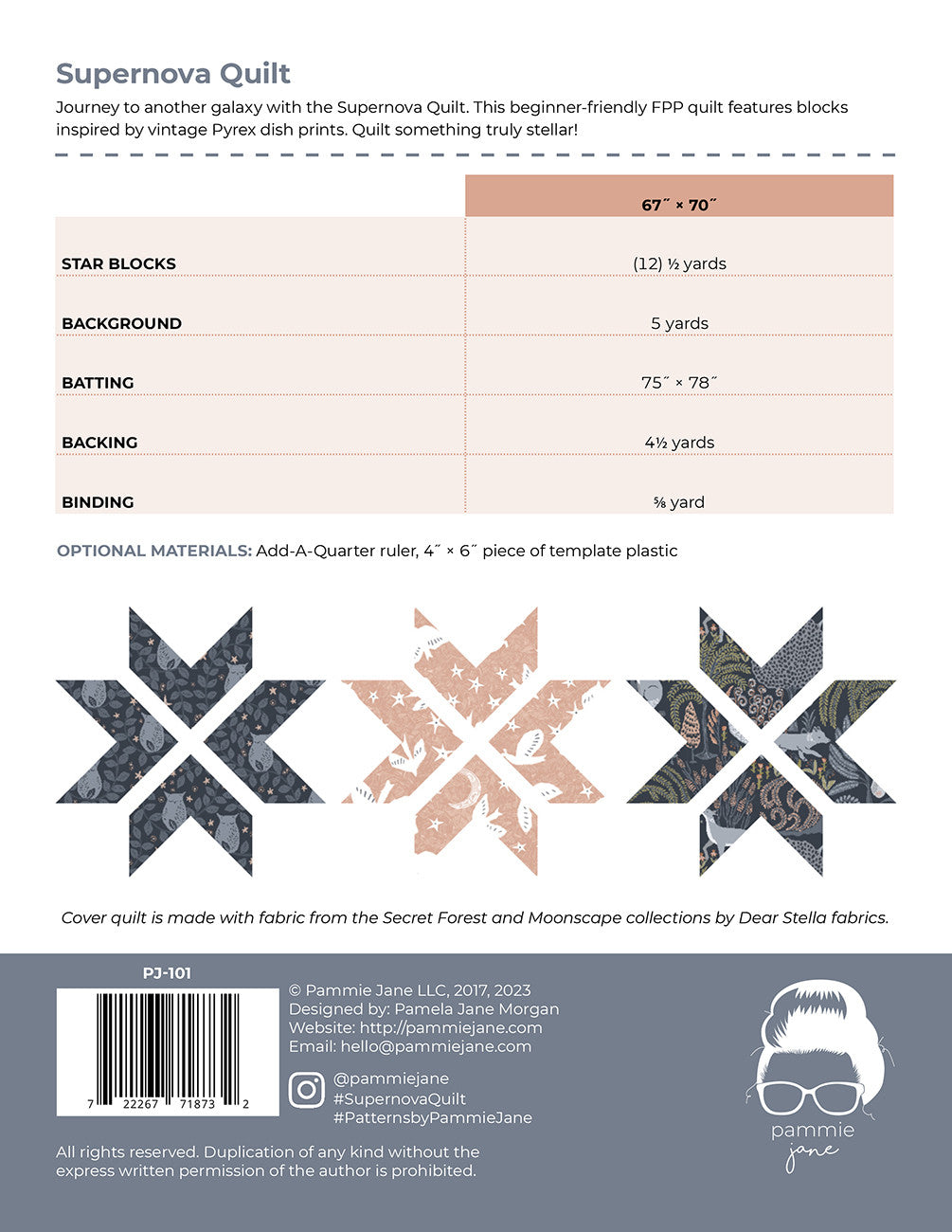 Pammie Jane Supernova Quilt Pattern back cover with fabric requirements