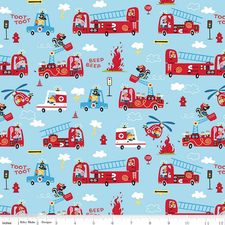 To the Rescue Toot Toot Beep Aqua Fabric From Riley Blake Designs