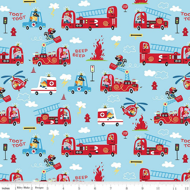 To the Rescue Toot Toot Beep Aqua Fabric From Riley Blake Designs