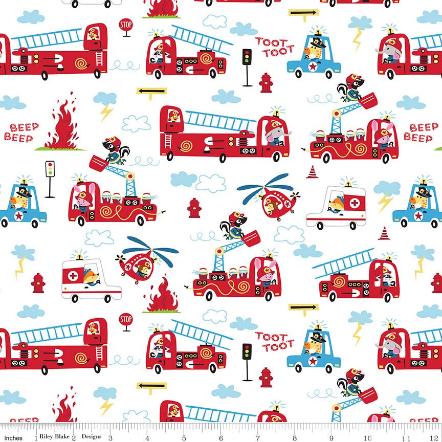To the Rescue Toot Toot Beep White Fabric From Riley Blake Designs