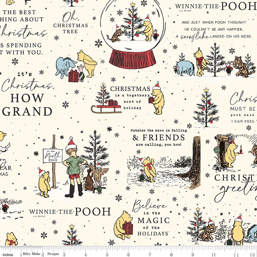 Winnie-the-Pooh Christmas Holiday Quotes Cream Fabric From Riley Blake Designs