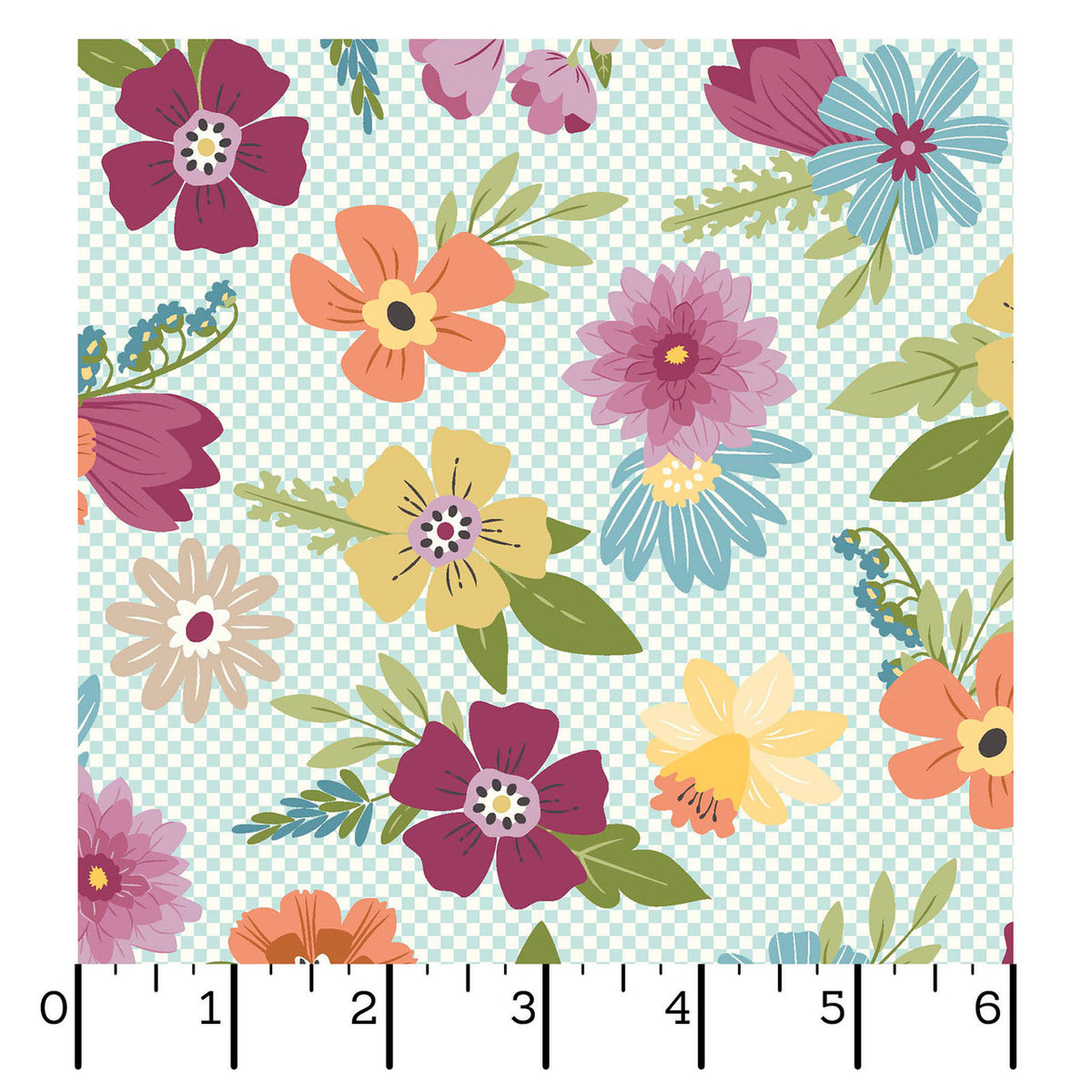 Kimberbell Cottontail Farm Floral With Mini Check Aqua Fabric From Maywood Studio