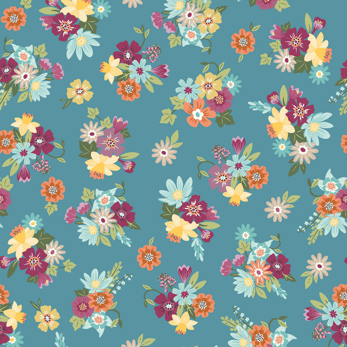 Kimberbell Cottontail Farm Farm Flower Bouquets Dark Teal Fabric From Maywood Studio