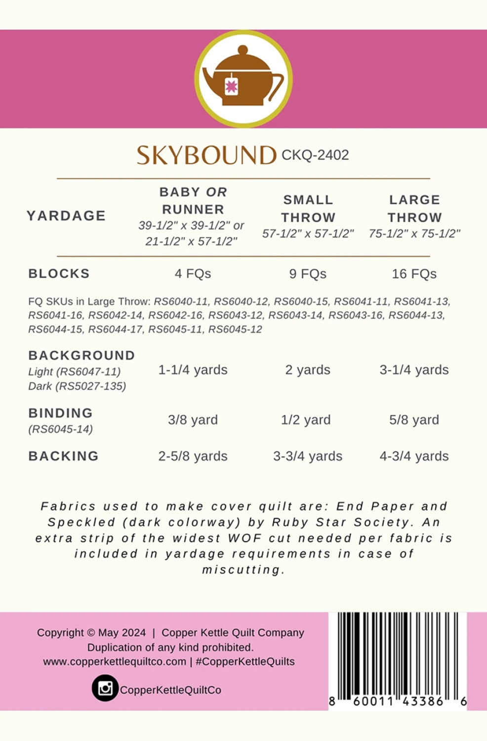 Copper Kettle Quilt Company Skybound Quilt Pattern