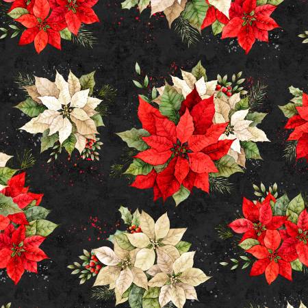 Poinsettia Radiance fabric - Bouquets Black print